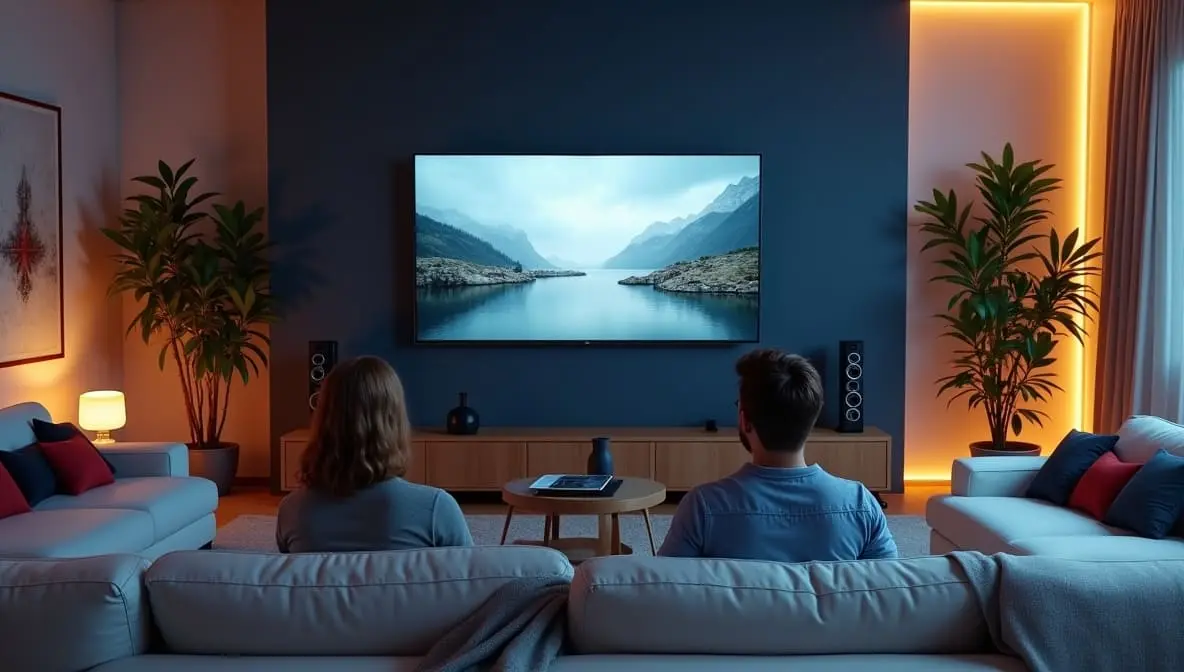 Couple watching a large television in a modern living room