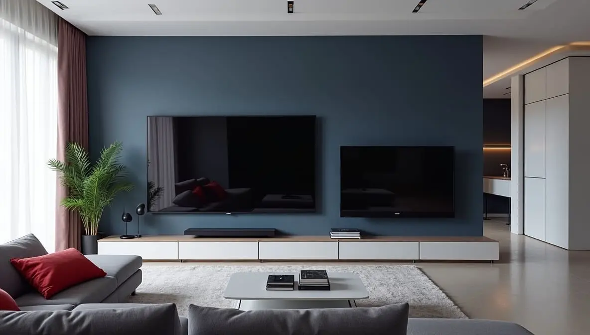Modern television display panels mounted side by side in a living room